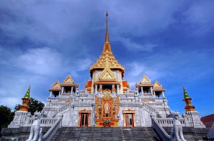 The temple with extremely beautiful shimmering architecture in Bangkok