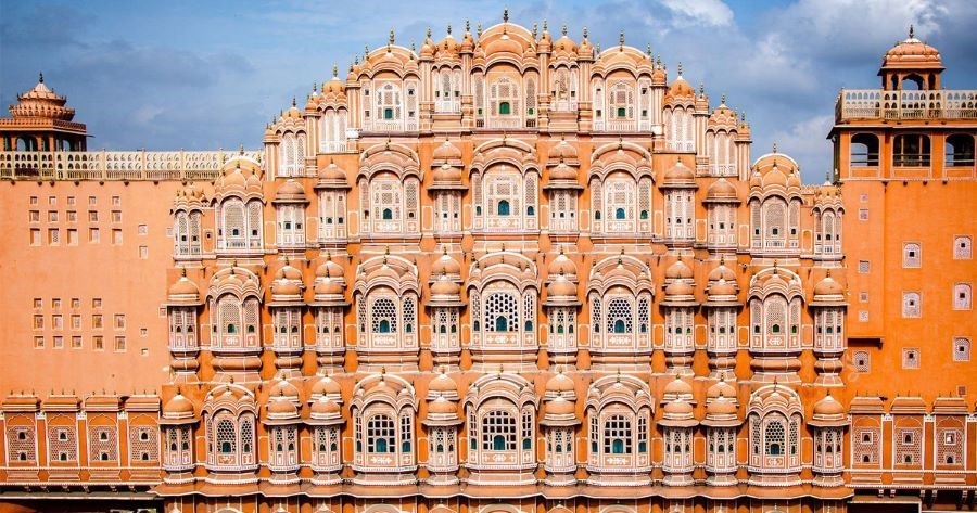 Hawa Mahal Palace with extremely characteristic red sandstone